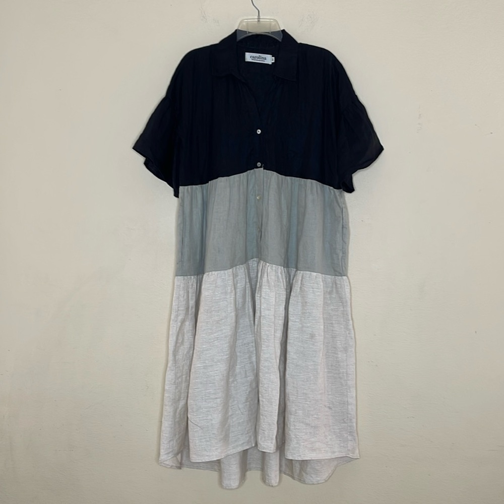 Carolina Short Sleeve Button Up Tiered Black Green Beige Linen Dress Size S/M
